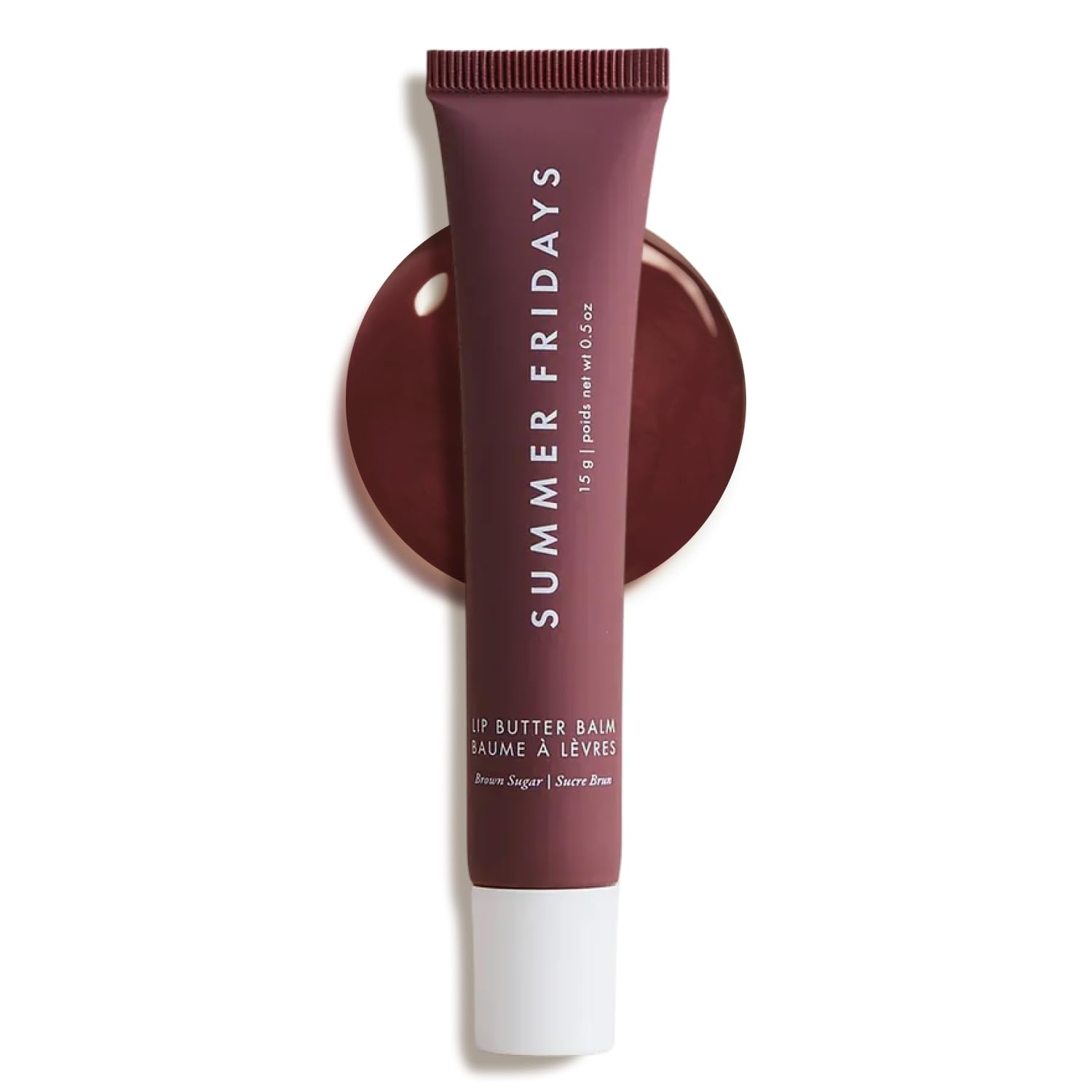 Summer Fridays Tinted Lip Butter Balm Brown Sugar jar close-up showing rosy color and moisture.