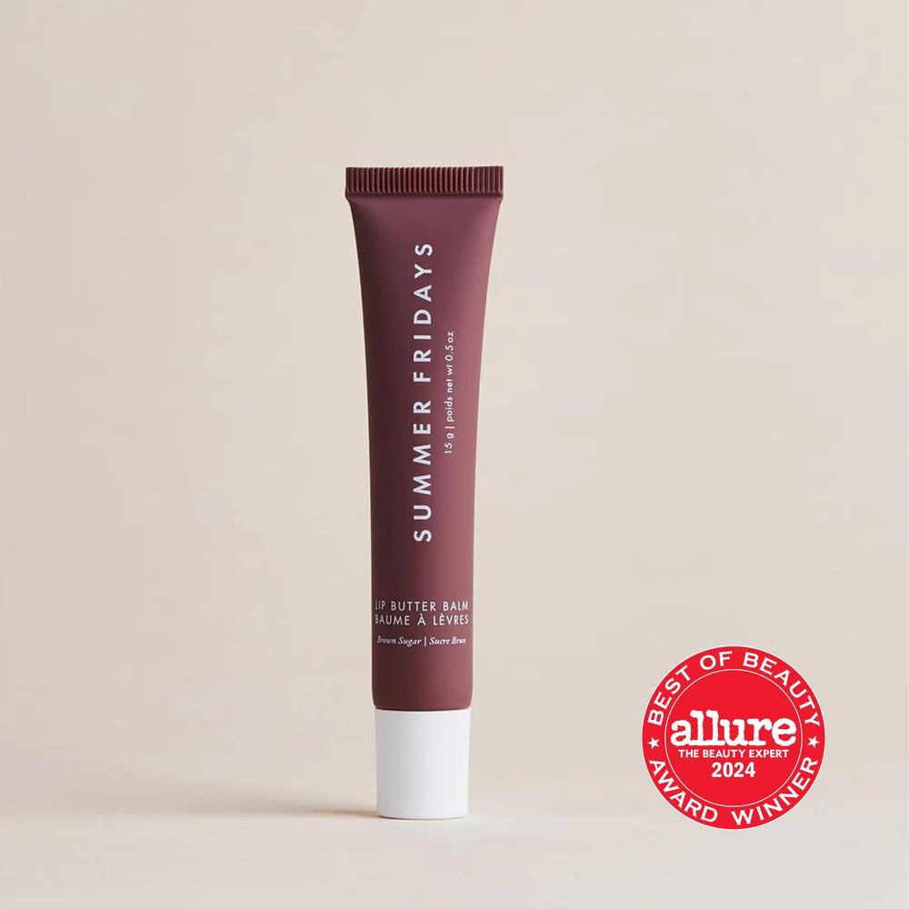 Summer Fridays Tinted Lip Butter Balm Brown Sugar tube on display with sheer tint.