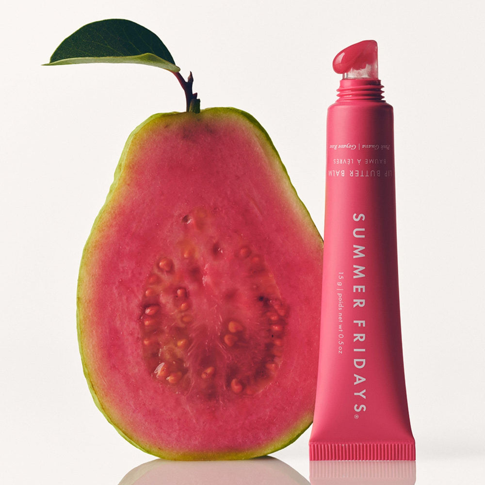 Packaging image of Summer Fridays Pink Guava lip balm for on-the-go hydration.