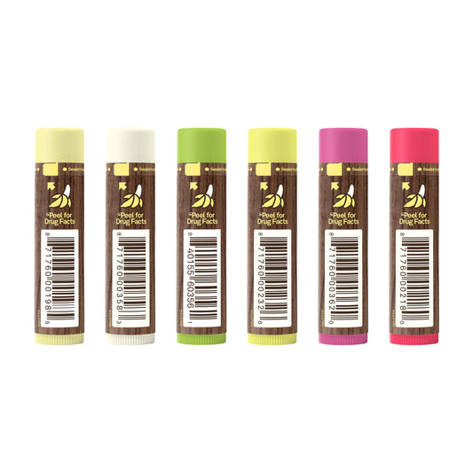 Sun Bum lip balm SPF 30, six-flavor variety showing vegan formula.