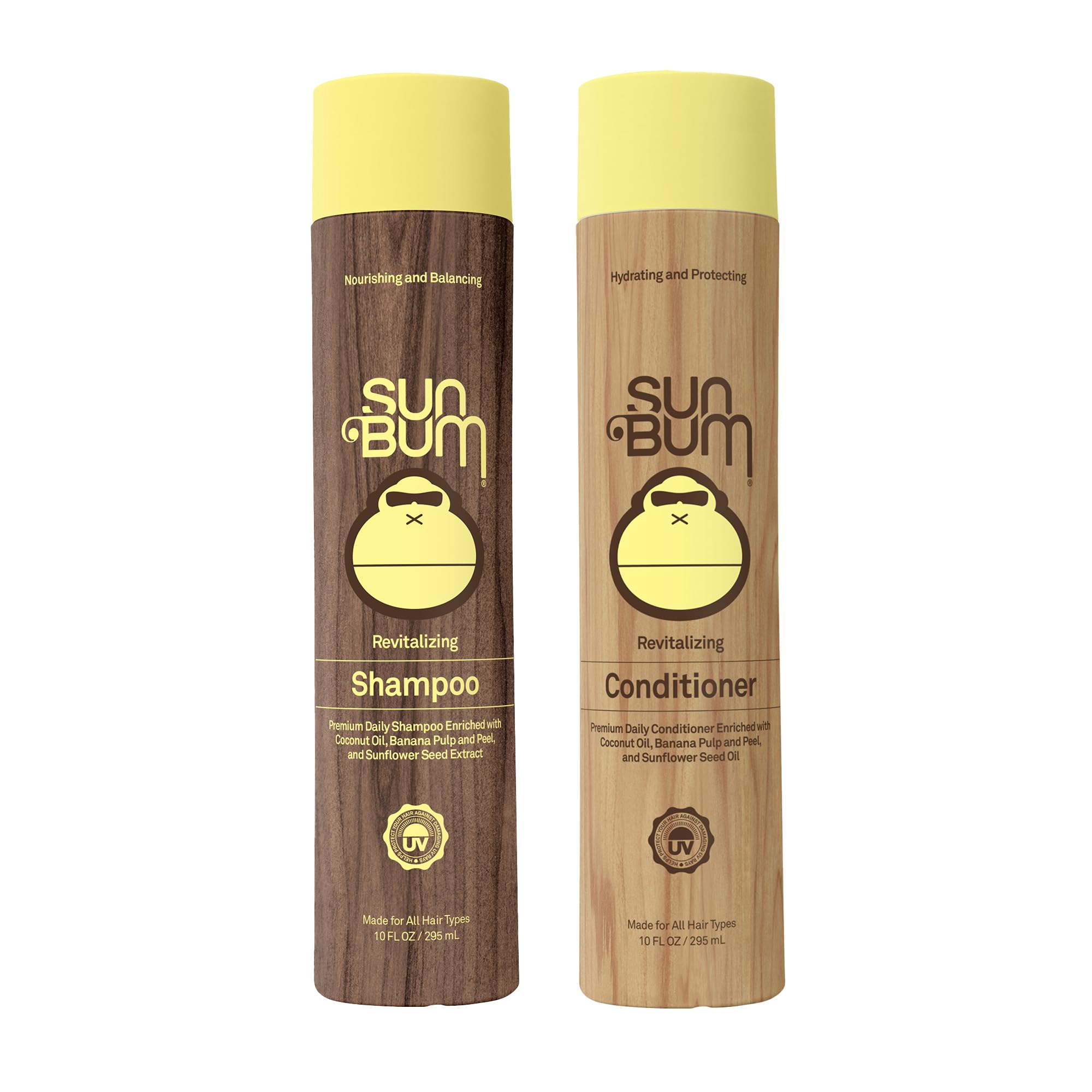 Sun Bum Revitalizing Shampoo bottle showing silky, hydrated hair benefits.