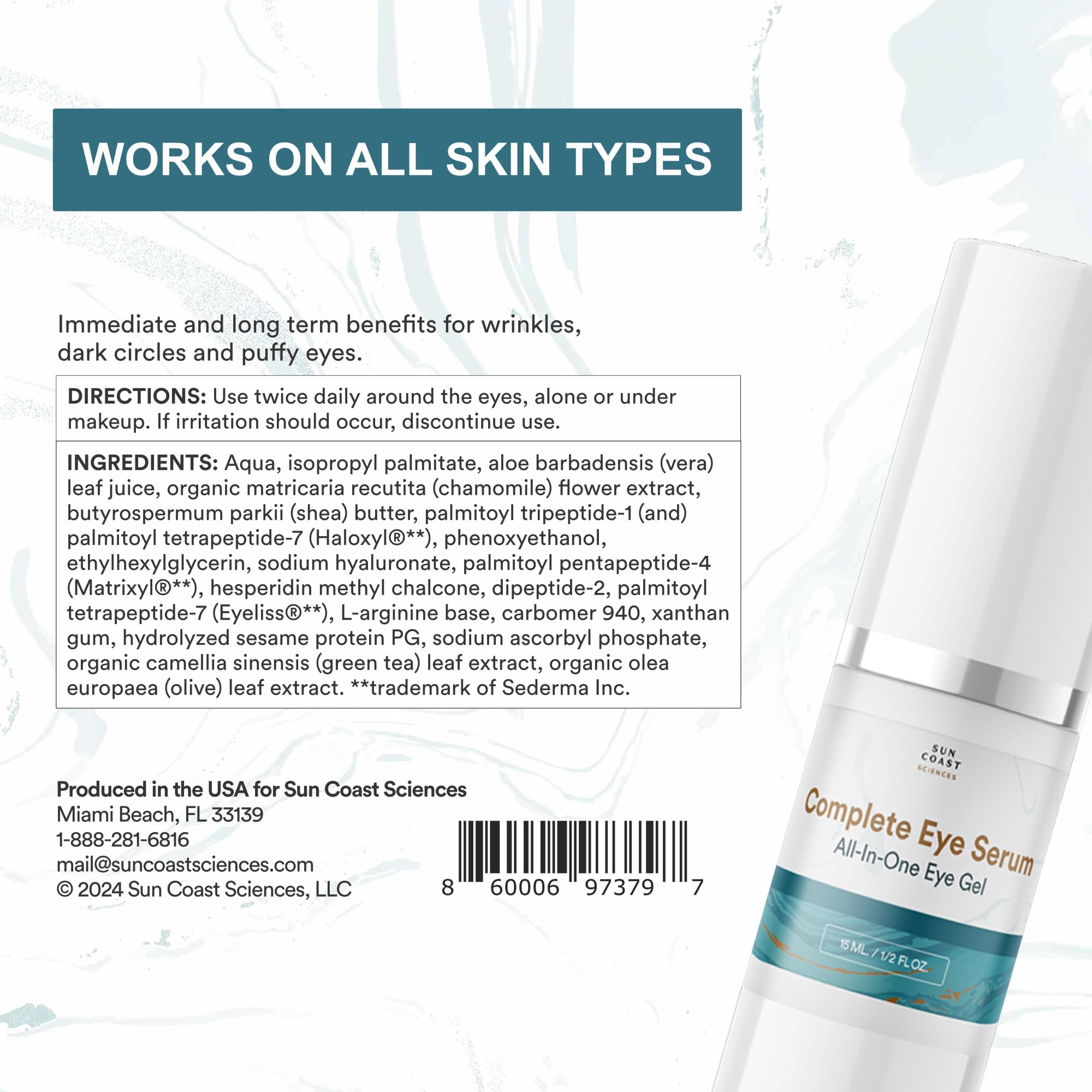 Sun Coast Sciences Complete Eye Serum ingredients highlight peptides vitamins antioxidants for nourished eye skin.
