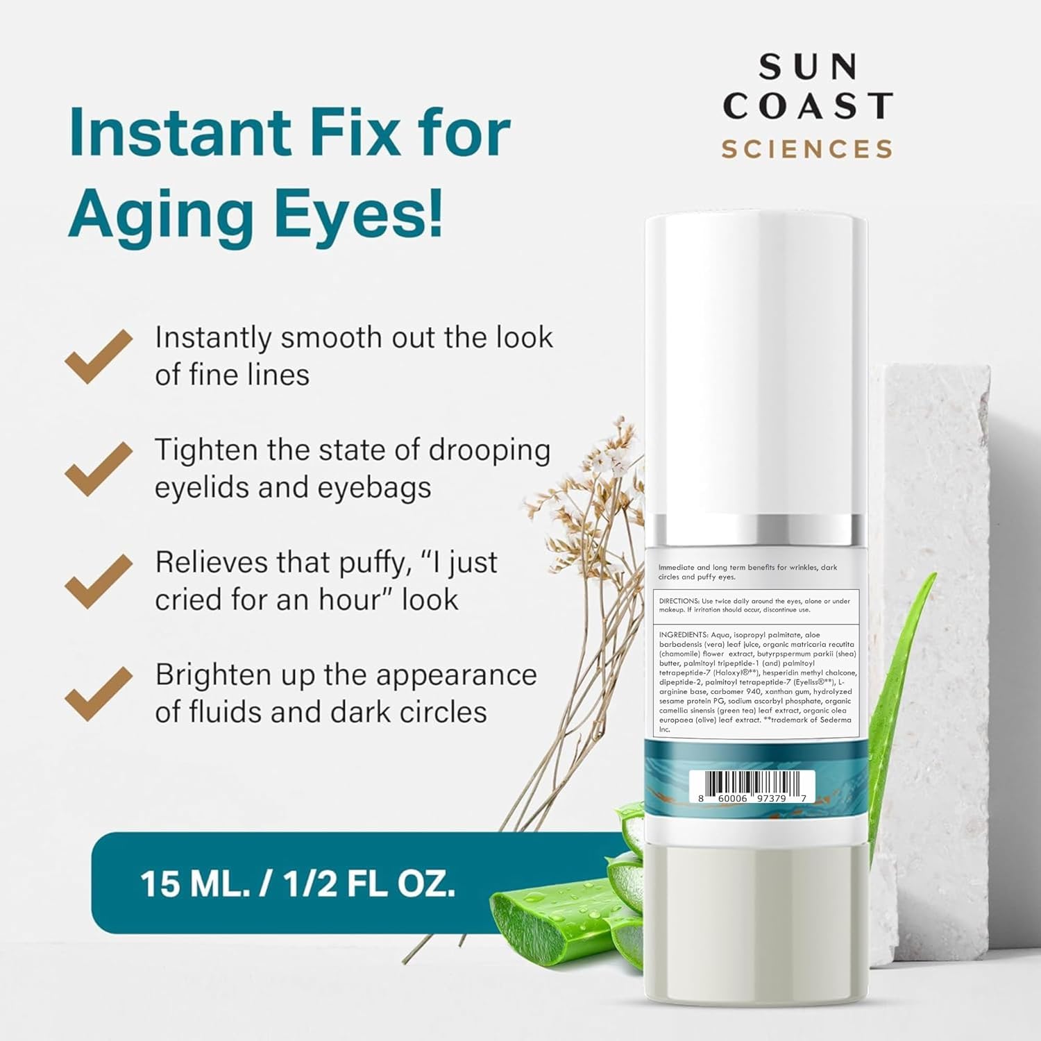 Sun Coast Sciences Complete Eye Serum texture and absorption close-up for fast hydration.