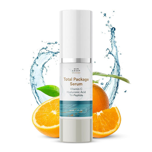 Sun Coast Sciences Total Package Serum bottle for daily anti-aging routine.