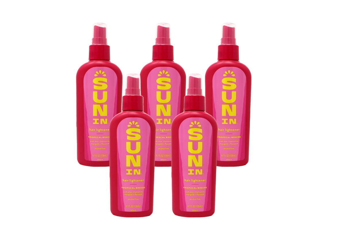 Sun-In Hair Lightener Spray Tropical Breeze bottle illustrates gentle lightening for natural-looking lift.