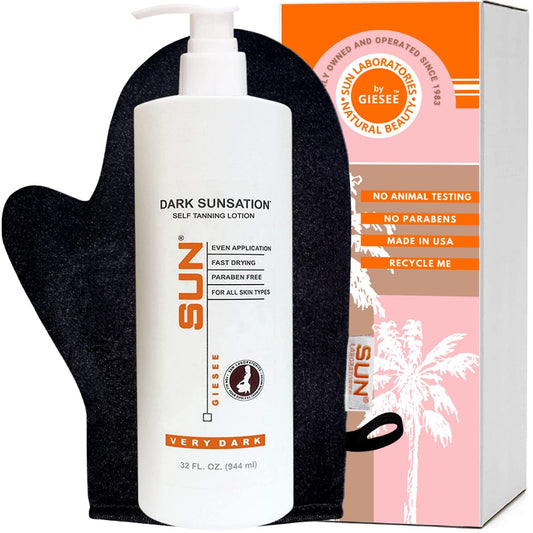 Sun Laboratories by Giesee Dark Sunsation bottle highlights an organic self-tanner for a deep bronze glow.