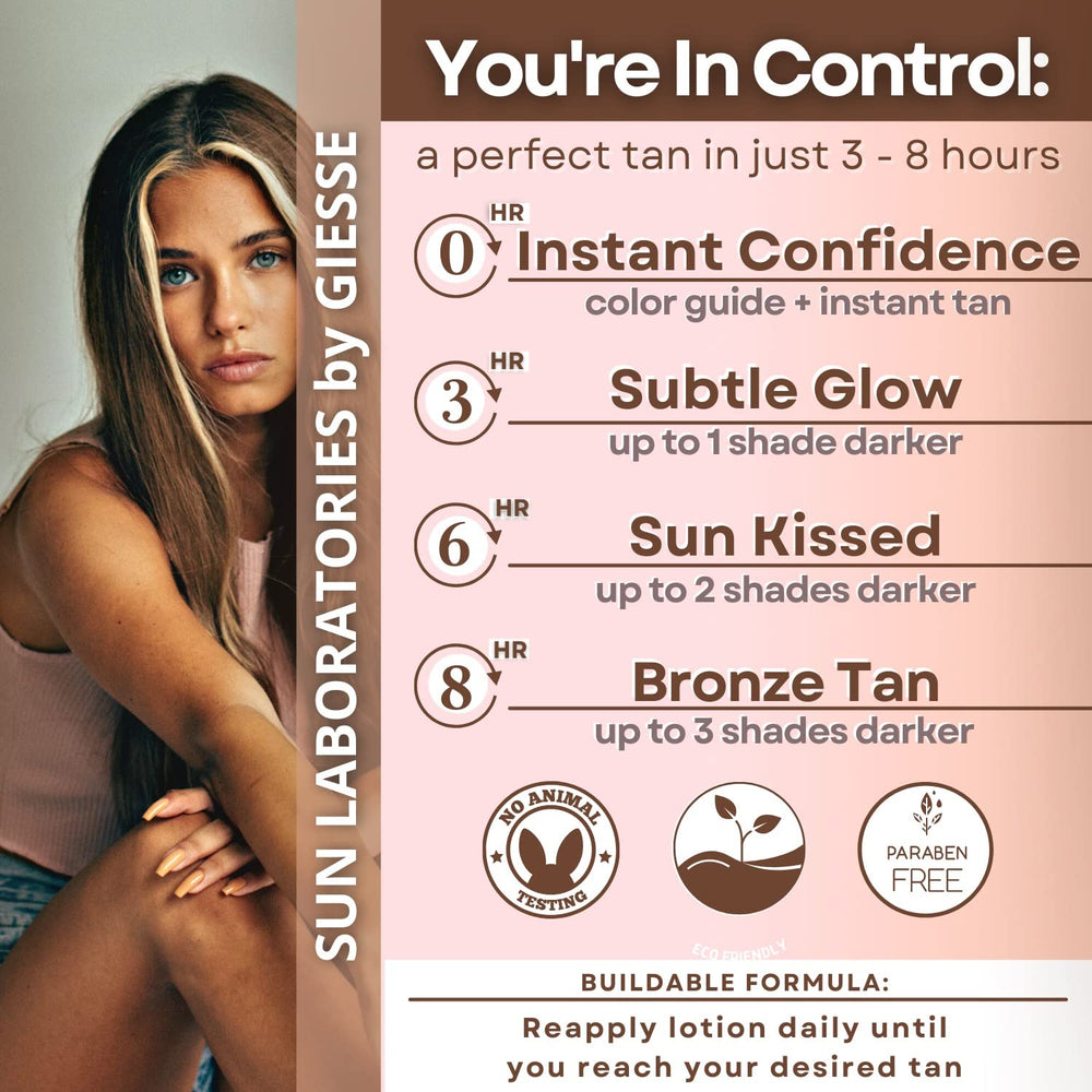 Deep bronze tone enhances sunless tan without sun exposure.