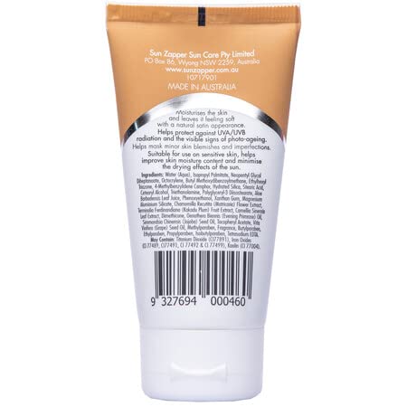 Sun Zapper BB Cream SPF 50+ ingredients panel features aloe and Kakadu Plum.