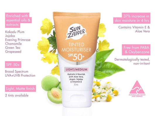 Sun Zapper SPF 50+ label close-up highlighting reliable sun protection.
