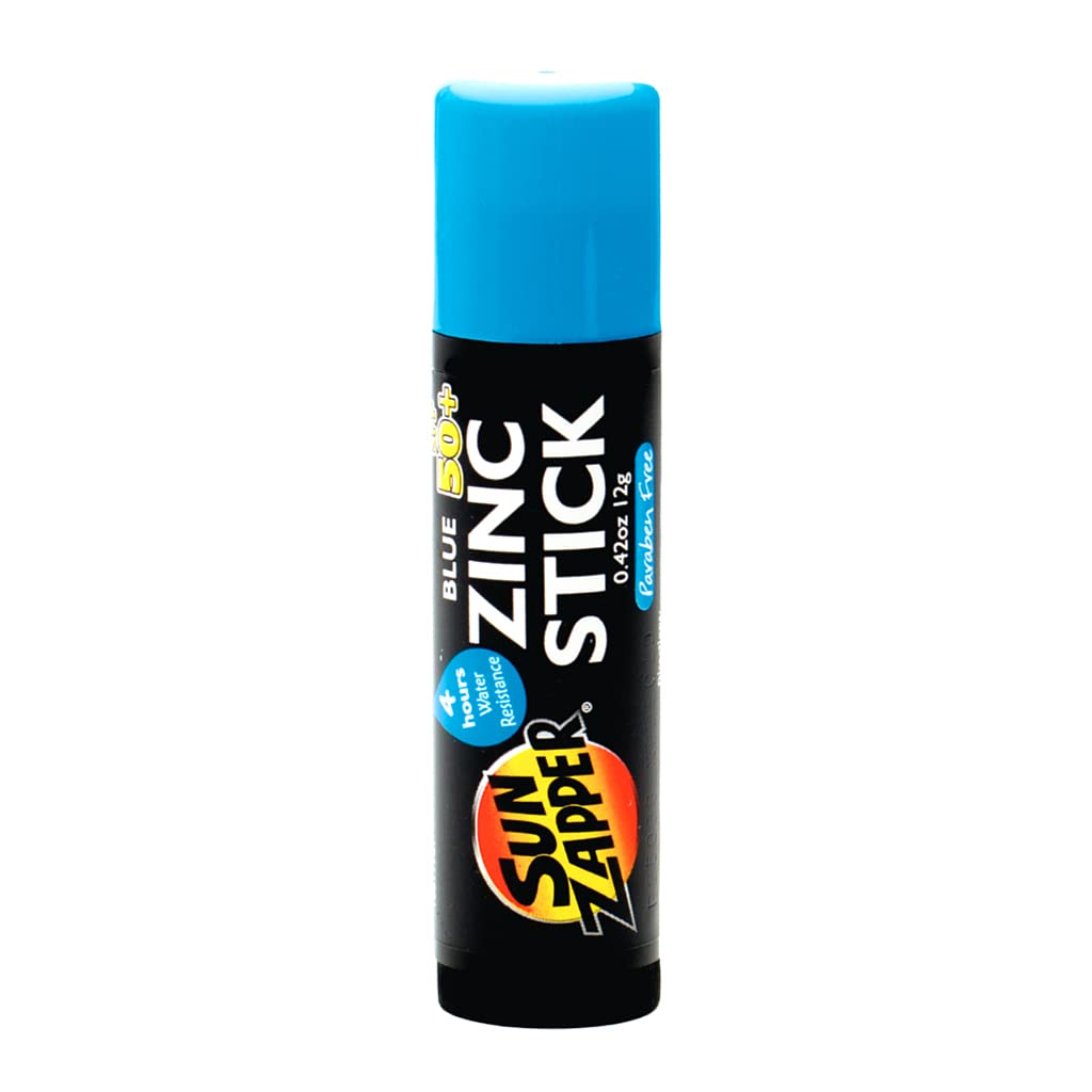 Sun Zapper blue sunscreen stick close-up showing tinted zinc for UV protection.