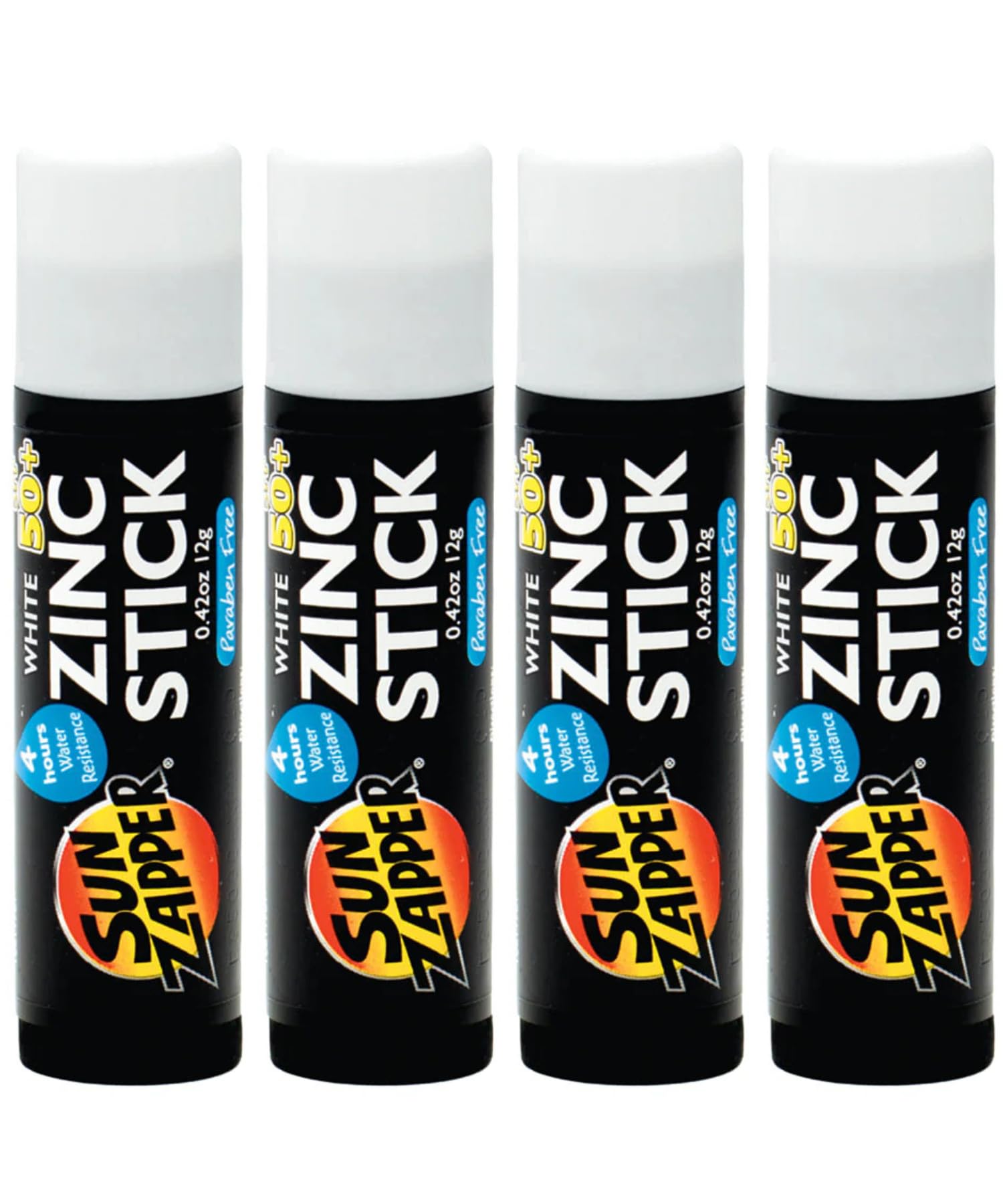 Sun Zapper sunscreen stick in white, 4-pack, water-resistant mineral protection against UVA/UVB.