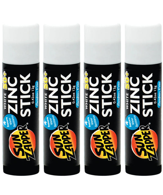 Sun Zapper sunscreen stick in white, 4-pack, water-resistant mineral protection against UVA/UVB.