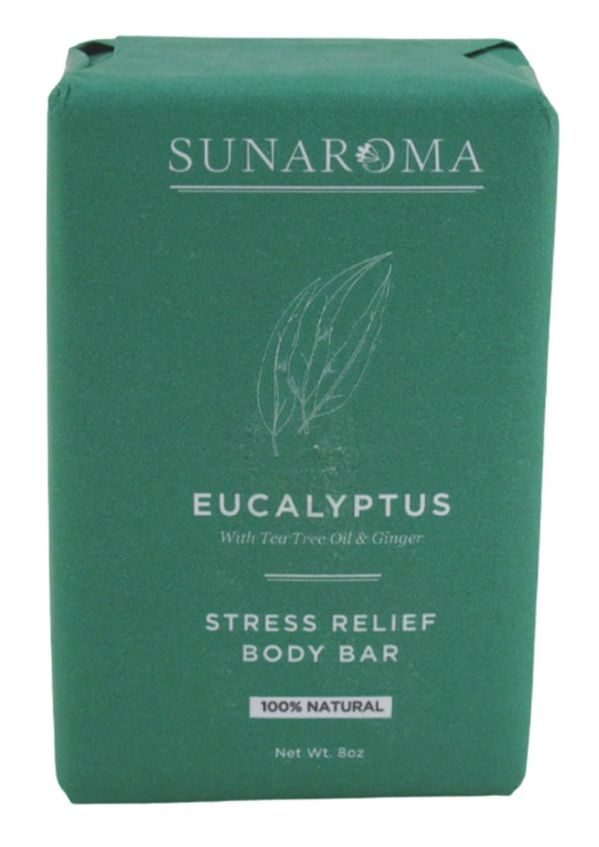 Sunaroma soap bar front view shows eucalyptus, tea tree and ginger scent