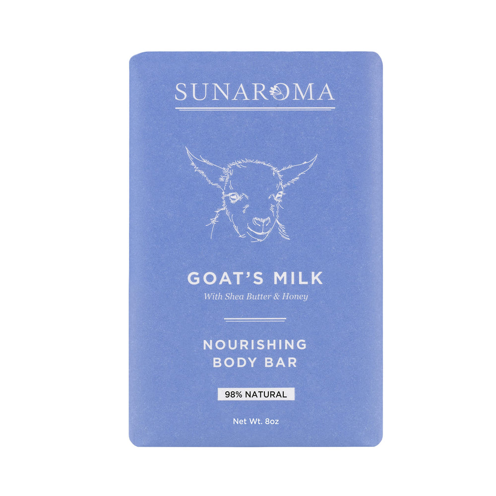 Sunaroma Goat's Milk Soap bar closeup showing creamy lather for gentle conditioning and hydration.