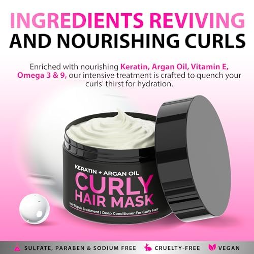 SUNATORIA Curly Hair Mask with argan and keratin on counter for hydration.