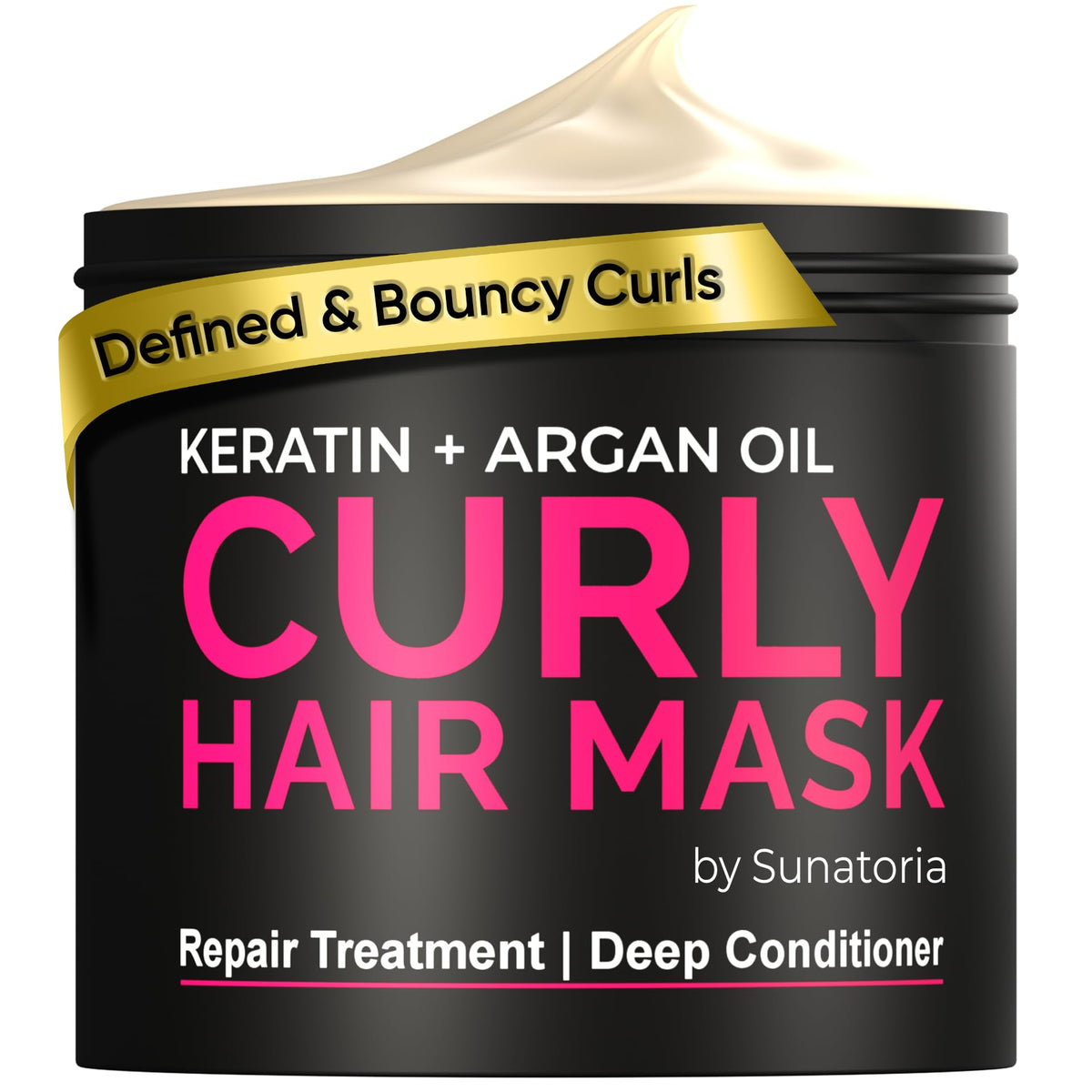SUNATORIA Curly Hair Mask jar closeup shows rich moisture for deep conditioning.