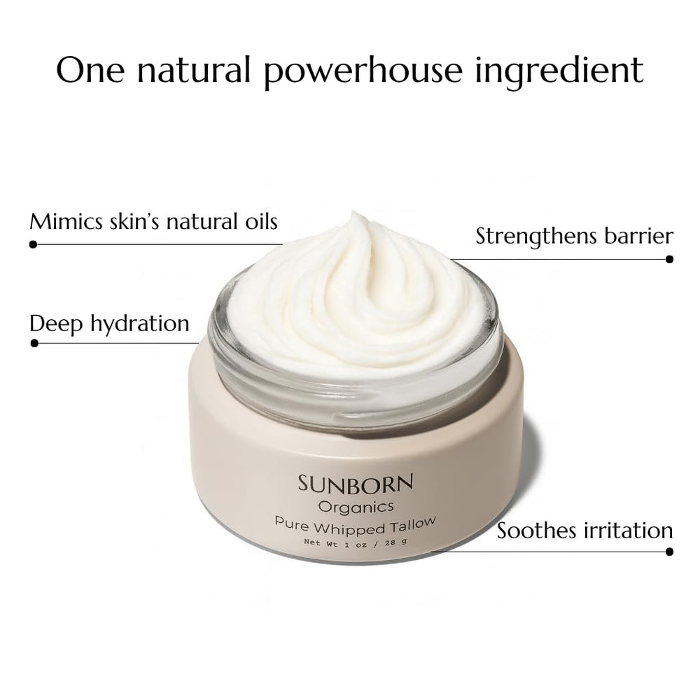 Sunborn Organics grass-fed tallow ingredient close-up emphasizes purity and simple formula.