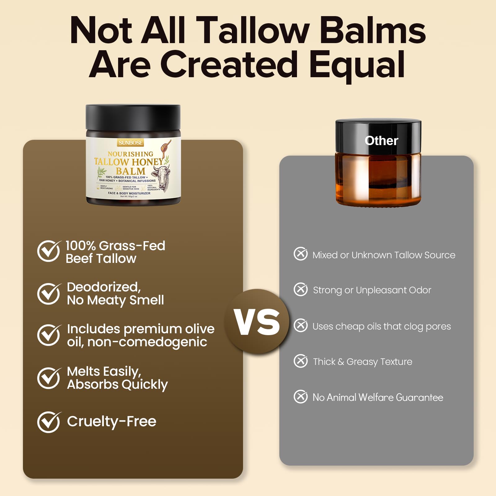 Sunbose Balm ingredient label highlights grass-fed tallow and natural oils