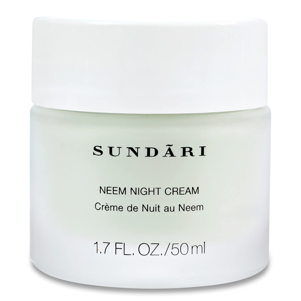 SUNDARI Neem Night Cream bottle highlighting hydration overnight.
