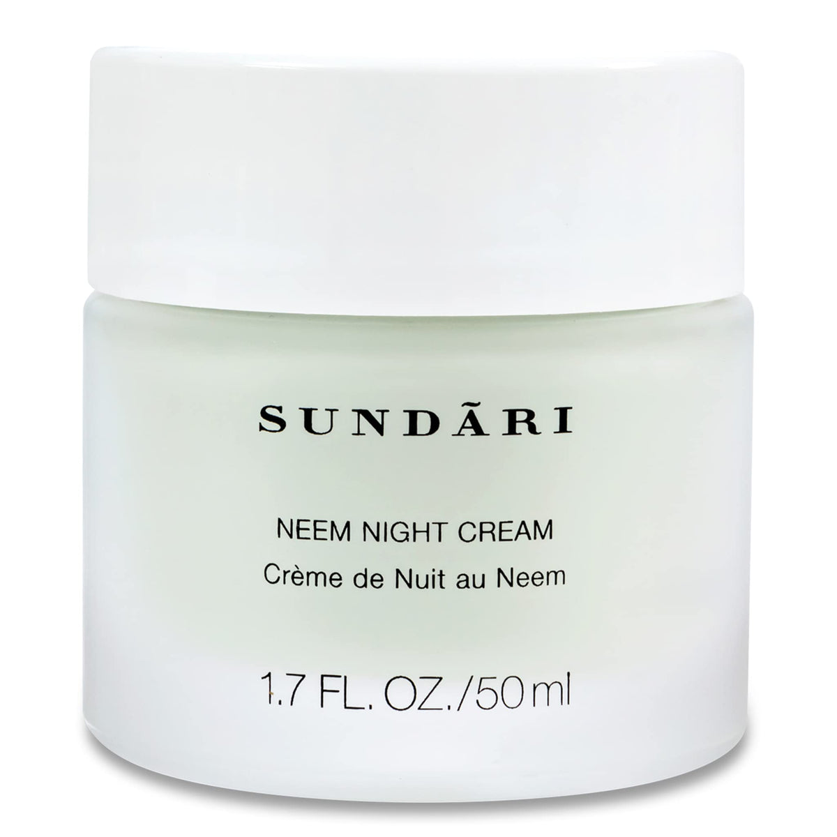 SUNDARI Neem Night Cream bottle highlighting hydration overnight.