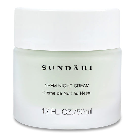SUNDARI Neem Night Cream bottle highlighting hydration overnight.