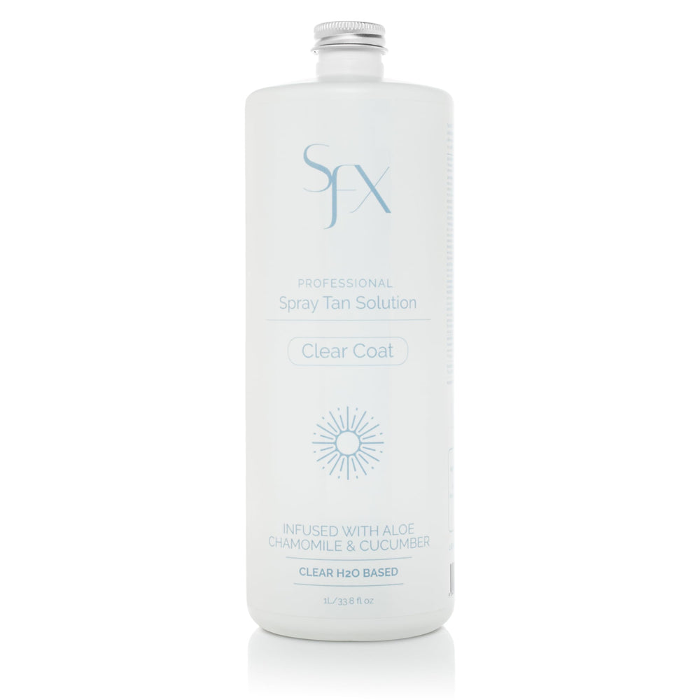 SunFX Clearcoat bottle front view showing bronzer-free tanning formula.