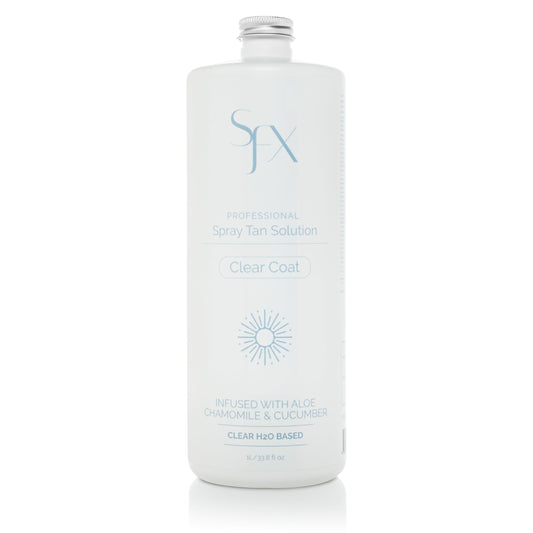 SunFX Clearcoat bottle front view showing bronzer-free tanning formula.