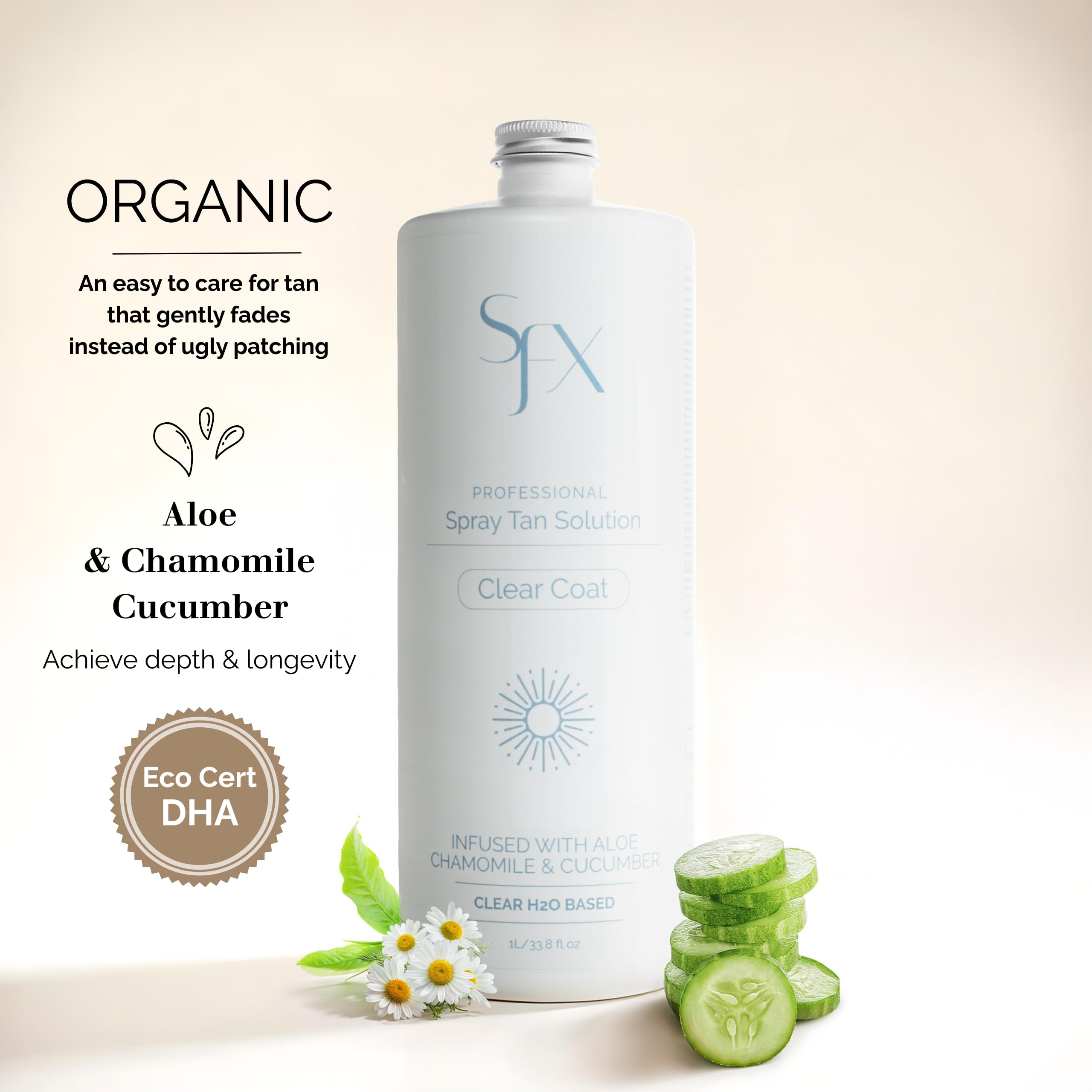 SunFX Clearcoat bottle sideview emphasizing botanical infusion for sensitive skin.