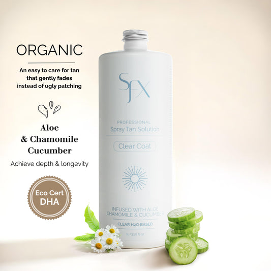 SunFX Clearcoat bottle sideview emphasizing botanical infusion for sensitive skin.