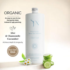 SunFX Clearcoat bottle sideview emphasizing botanical infusion for sensitive skin.