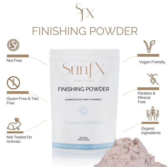 SunFX fan brush applying finishing powder to set a tan for a smooth look