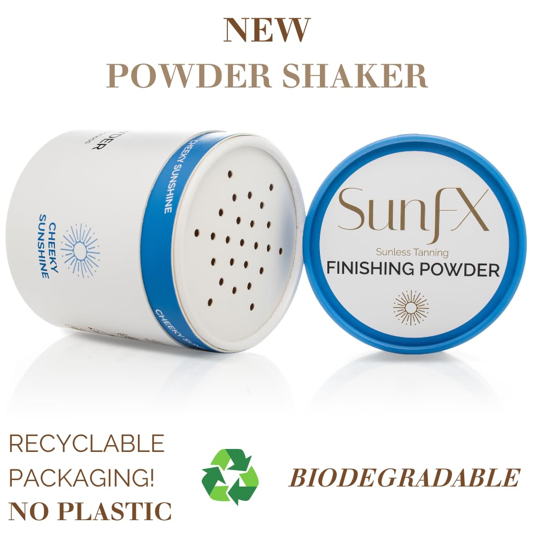 SunFX fan brush applying finishing powder for smoother post-tan absorption.