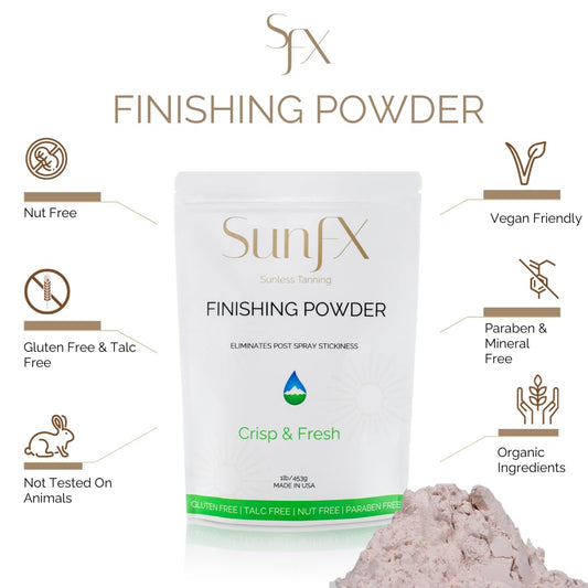 SunFX finishing powder applied with a fan brush for an even, feather-light finish.