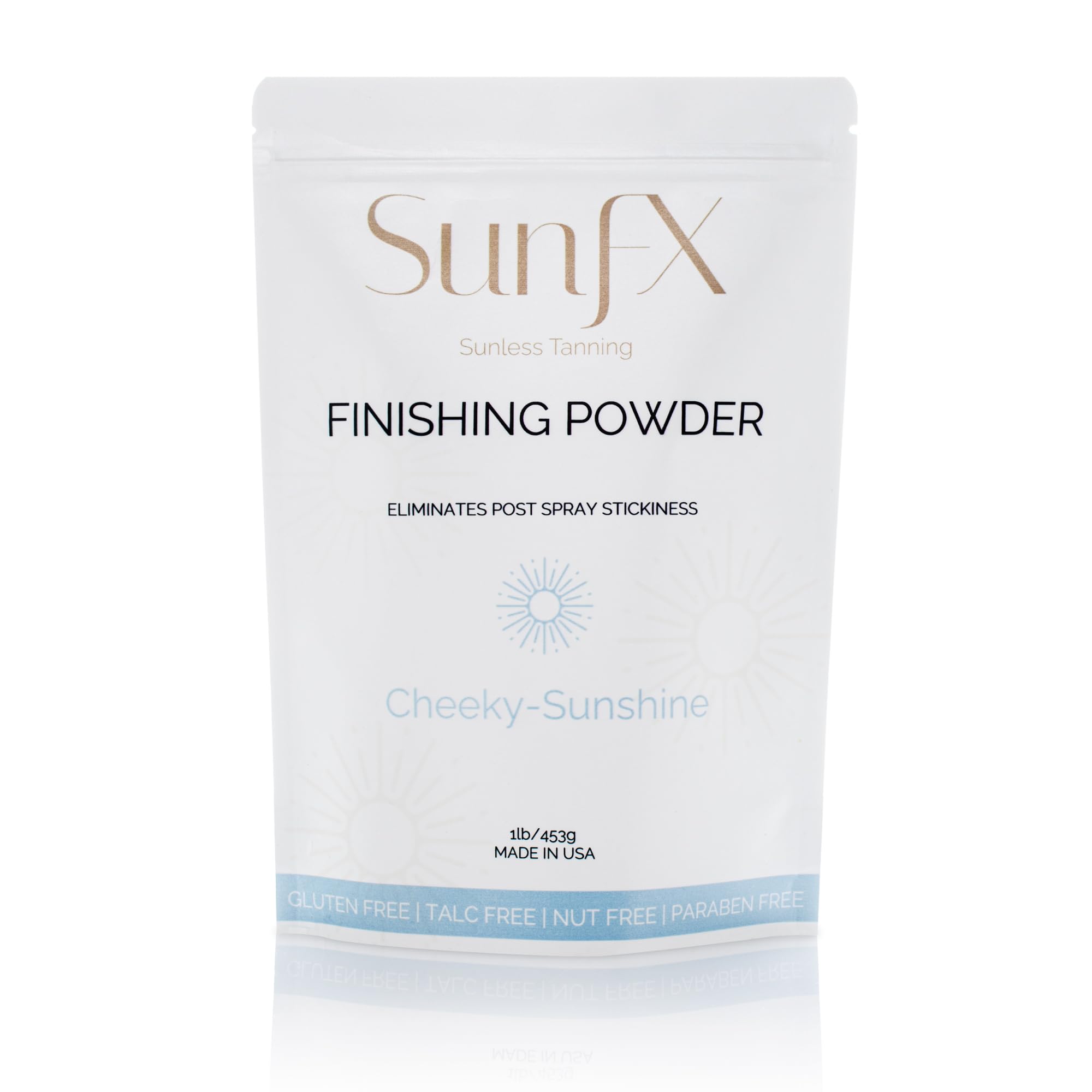SunFX post spray tan finishing powder jar with a shimmering bronzed finish for a natural glow