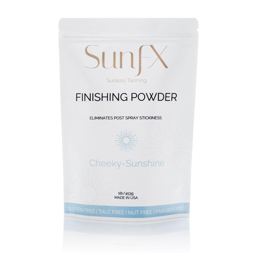 SunFX post spray tan finishing powder jar with a shimmering bronzed finish for a natural glow