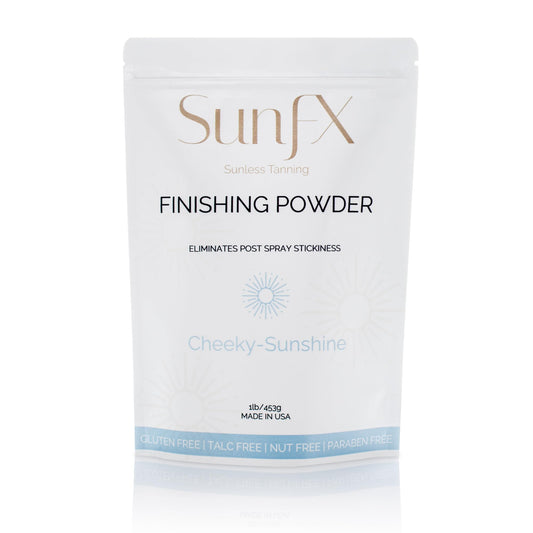 SunFX post spray tan finishing powder jar with a shimmering bronzed finish for a natural glow