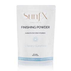 SunFX post spray tan finishing powder jar with a shimmering bronzed finish for a natural glow