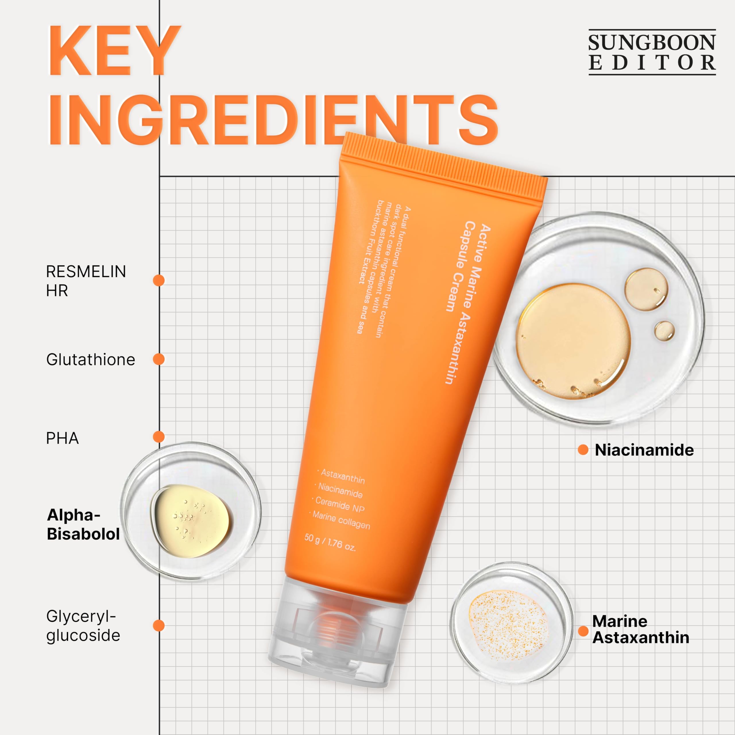 Sungboon Editor Active Marine Astaxanthin Cream 50ml cap detail for travel-ready care