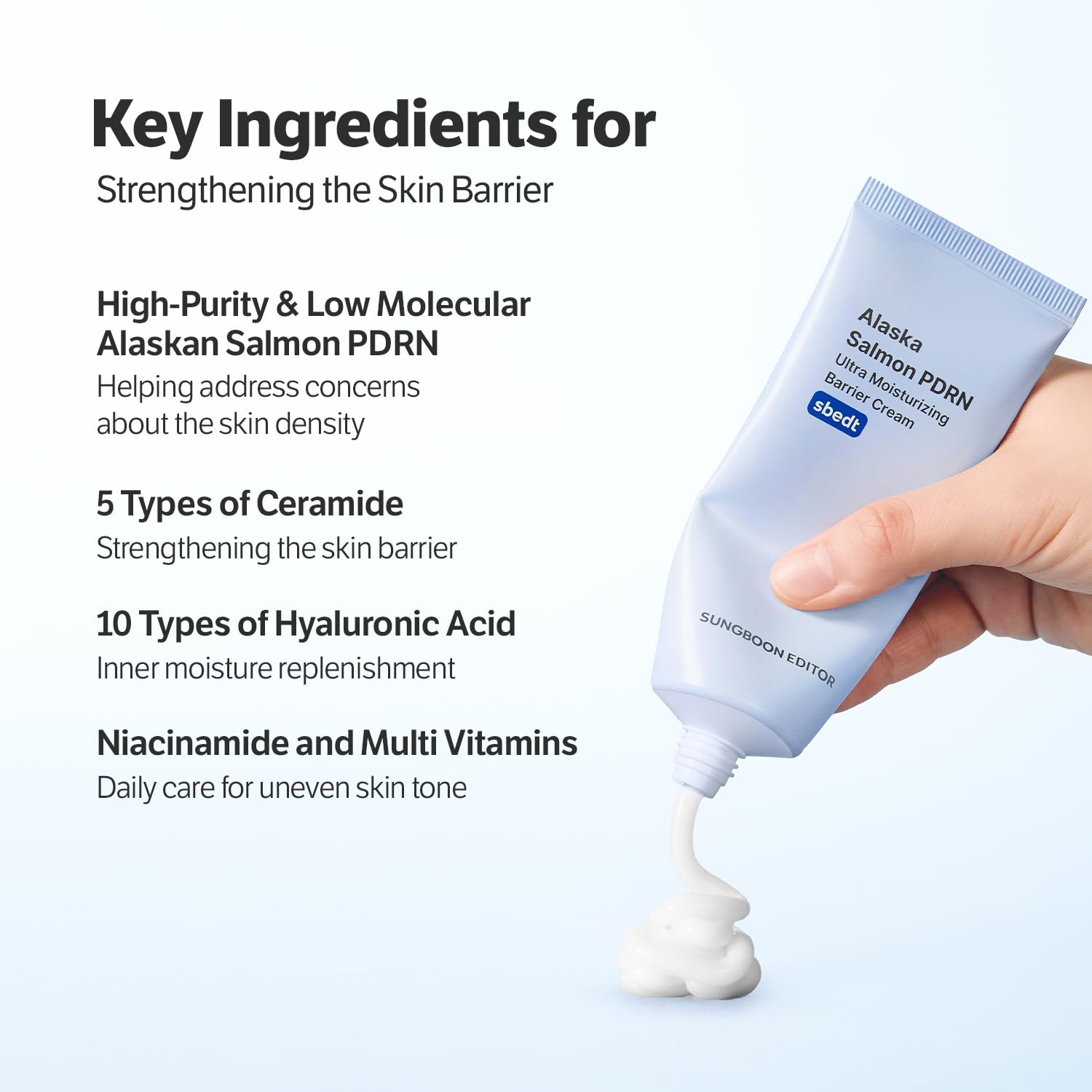 SUNGBOON EDITOR Alaska Salmon PDRN ingredients label emphasizing clean sourcing.