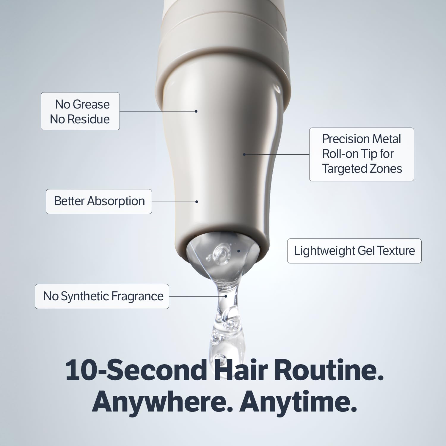 Hand applying roll-on serum along the hairline for quick routine