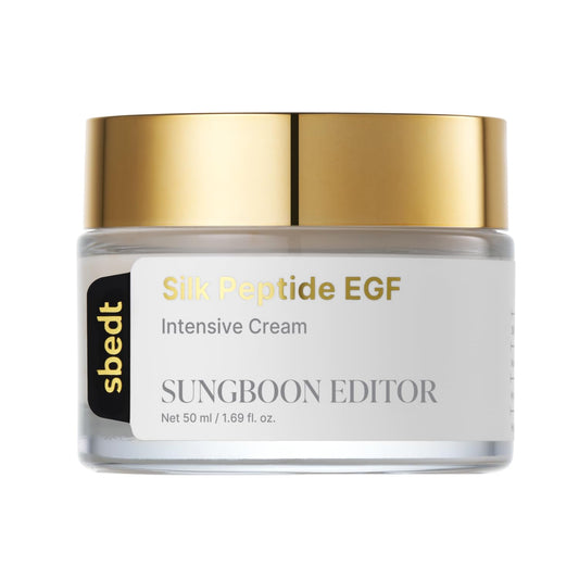 SUNGBOON EDITOR Silk Peptide EGF Cream bottle close-up, highlighting deep hydration and smoother skin texture