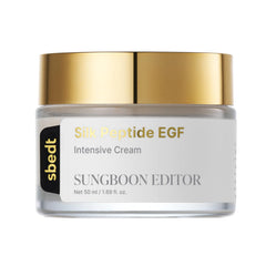 SUNGBOON EDITOR Silk Peptide EGF Cream bottle close-up, highlighting deep hydration and smoother skin texture