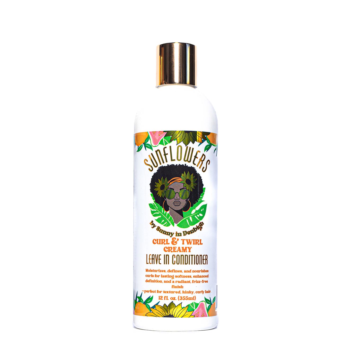 Sunny in Denbigh Sunflowers Leave-In Bottle detangles curls with moisture.