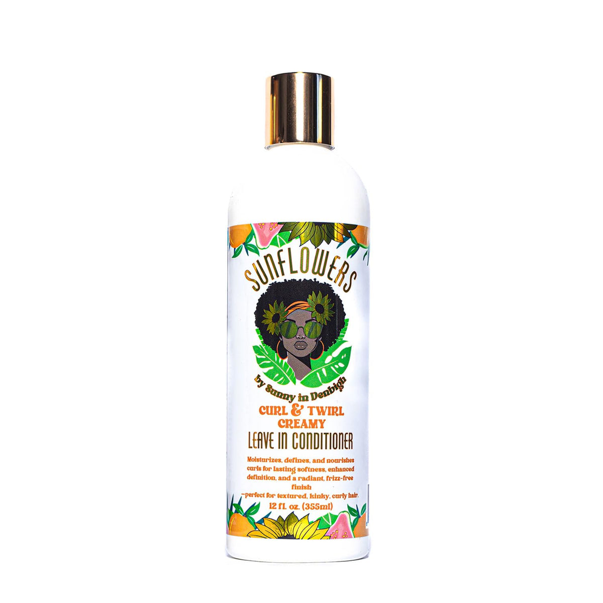 Sunny in Denbigh Sunflowers Leave-In Bottle detangles curls with moisture.