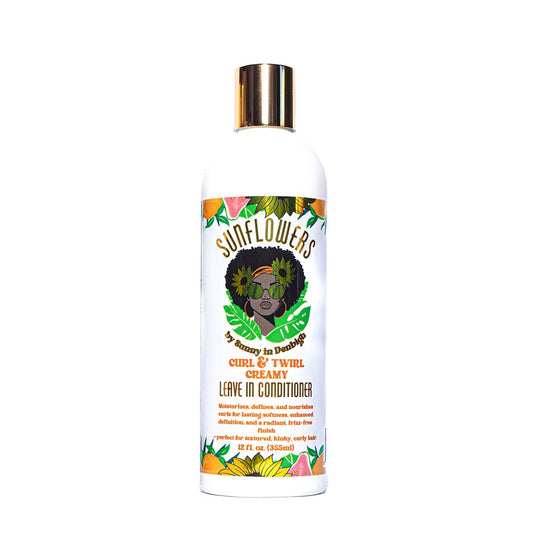Sunny in Denbigh Sunflowers Leave-In Bottle detangles curls with moisture.