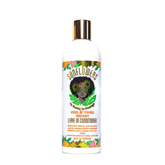 Sunny in Denbigh Sunflowers Leave-In Bottle detangles curls with moisture.