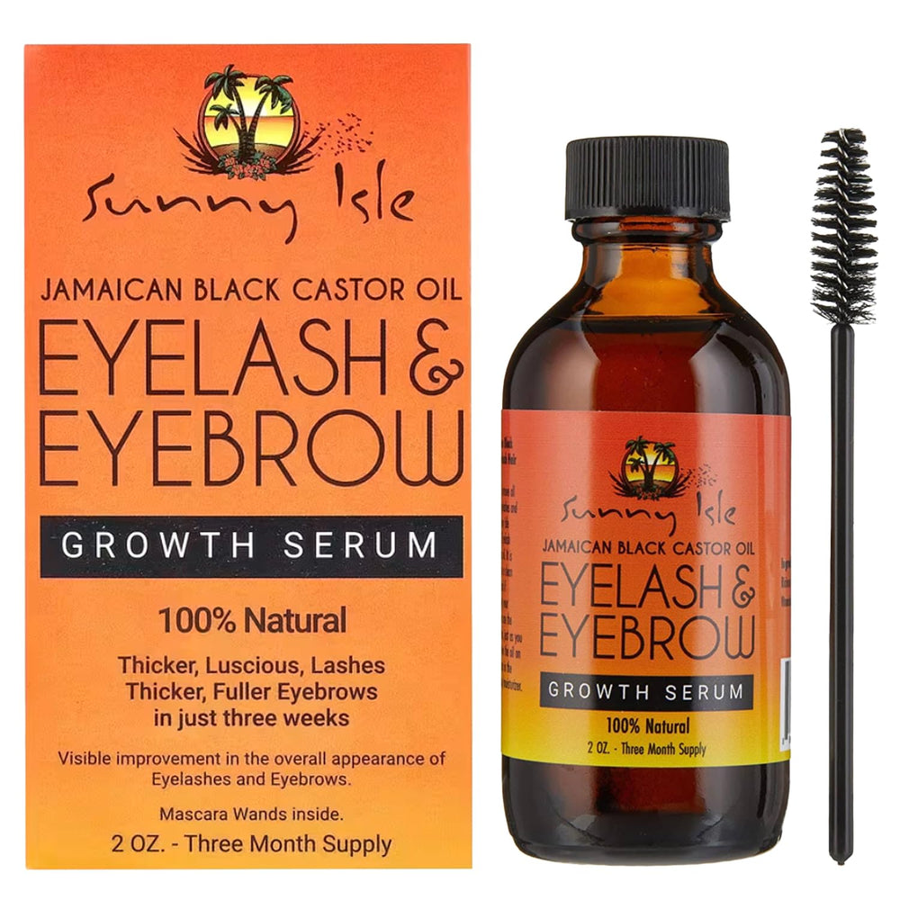 Sunny Isle Jamaican Black Castor Oil eyelash serum bottle nourishes lashes safely.
