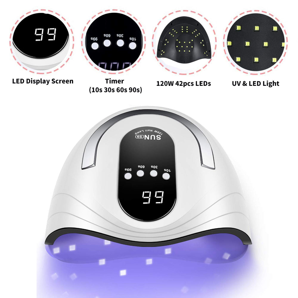 Sunrich UV Gel Nail Lamp in use shows hands under fast-curing light.