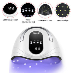 Sunrich UV Gel Nail Lamp in use shows hands under fast-curing light.