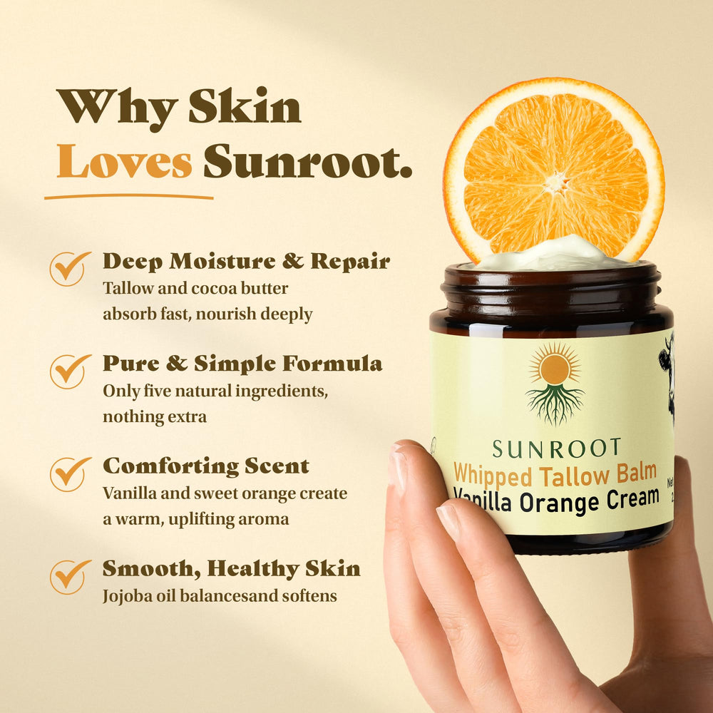 Sunroot Naturals whipped balm texture close-up illustrating creamy, non-greasy absorption.